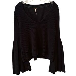 Free People Women's Black Cotton‎ V Neck Sweater with Bell Sleeves in Size S